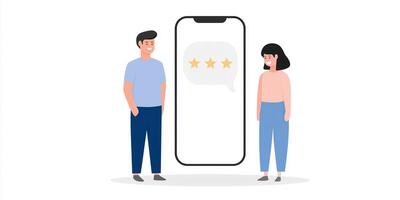 Engaging conversation between two individuals discussing feedback on a mobile device showcasing a three-star rating review concept photo