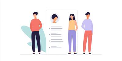 Creative team collaboration with diverse individuals standing together, showcasing a profile card, modern workspace, teamwork concept photo