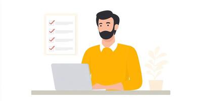 Professional man working on laptop with checklist in background, focused on tasks and productivity, modern workspace, remote work concept photo