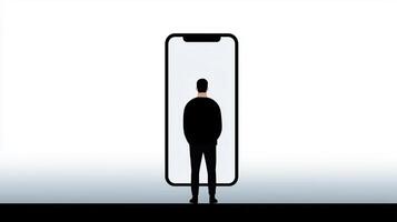 Person standing in front of a large smartphone silhouette, representing digital interaction and technology influence on modern life, digital lifestyle concept photo