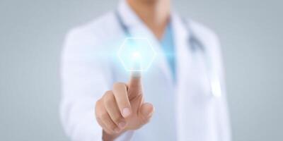 Medical professional interacting with digital interface showcasing health technology innovation and futuristic healthcare solutions concept photo