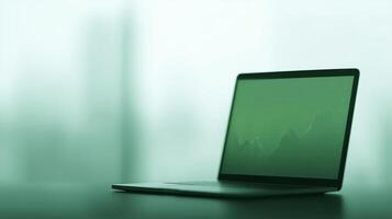 Laptop displaying financial growth chart on a green background, representing modern technology and data analysis in a digital workspace, finance concept photo