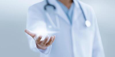 Medical professional extending hand with glowing light symbolizing care, healing, and hope in healthcare, wellness, and innovation concept photo