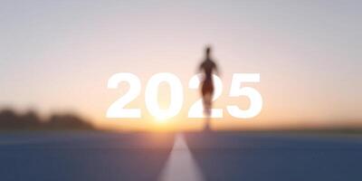Runner in silhouette against a vibrant sunset, symbolizing new beginnings and aspirations for the year 2025, motivational running concept photo