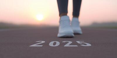 Running towards a bright future with determination and hope on a track marked with the year 2025, symbolizing goals and aspirations for a successful journey concept photo