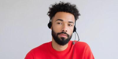 Professional man wearing headset engaged in conversation, focused expression, modern workspace, communication technology, customer service, remote work, support role, business concept photo