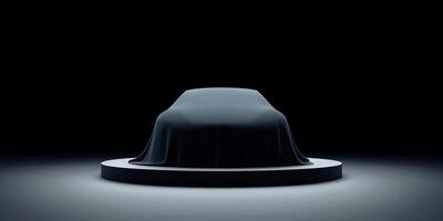 Mysterious covered object on a circular platform illuminated by soft light in a dark environment showcasing anticipation and intrigue concept photo