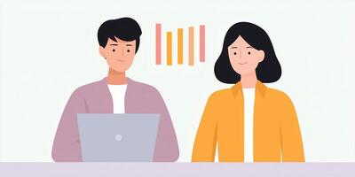 Engaged professionals collaborating at a workspace with a laptop and visual data representation, showcasing teamwork and productivity concept photo