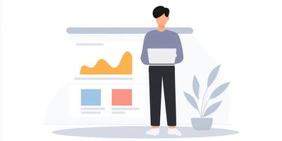 Professional individual analyzing data trends on a laptop while standing in front of a digital display showcasing graphs and charts, business analytics concept photo