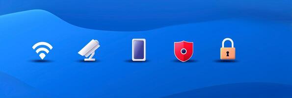 Digital icons representing connectivity, security, and technology on a blue background, illustrating modern communication and protection concept photo