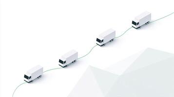White delivery trucks connected by a green line on a minimalistic background, illustrating logistics and transportation concepts in a modern design style photo