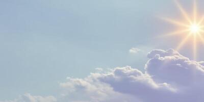 Bright sun shining through fluffy clouds in a serene blue sky, creating a peaceful atmosphere and inviting warmth, ideal for relaxation and inspiration in nature photo