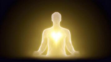 Ethereal figure meditating with a glowing heart center, surrounded by a radiant aura, symbolizing inner peace, spirituality, and emotional healing in a serene atmosphere photo