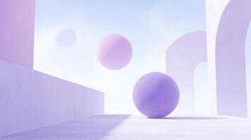 Abstract 3D illustration featuring floating spheres in pastel colors, surrounded by geometric shapes and soft clouds, creating a serene and modern atmosphere with copy space photo