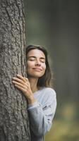 Woman with long hair embraces a tree in a serene forest, showcasing a connection with nature, surrounded by soft green foliage and a tranquil atmosphere of peace and harmony photo