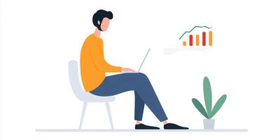 Professional individual working on a laptop while analyzing data trends with a graph, showcasing productivity and modern workspace concept photo