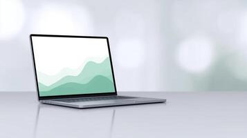Modern laptop with minimalist design showcasing abstract green waves on screen, ideal for technology, workspace, and digital innovation concept photo