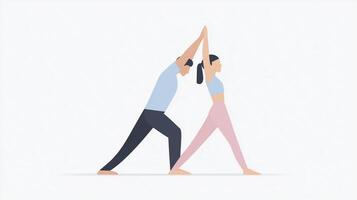 Two individuals practicing yoga together in a harmonious pose, showcasing balance and connection, with a minimalist background emphasizing their movements and unity photo