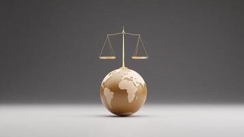 Golden scales of justice balanced on a globe, symbolizing global law and fairness, with a minimalist background emphasizing the importance of justice and equality in society photo