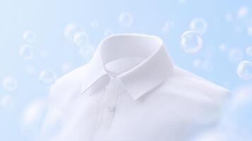 White shirt mock up with collar and buttons, surrounded by soft bubbles, creating a fresh and clean atmosphere, ideal for fashion or laundry branding purposes photo