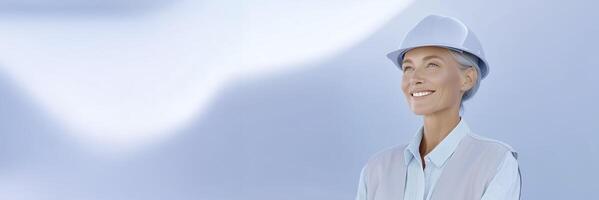 Senior woman wearing a hard hat and safety vest smiles confidently while looking upward against a soft blue background, embodying professionalism and optimism in construction photo
