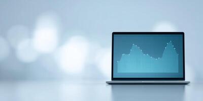 Laptop displaying financial data with a blue background and soft bokeh lights, illustrating modern technology and analytics concept photo