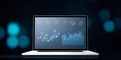 Laptop displaying data analytics with graphs and charts on a blurred background showcasing technology and business growth concept photo