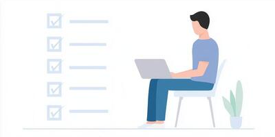 Person working on laptop while sitting on chair with checklist in background, productivity and organization concept photo