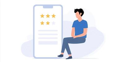User providing feedback on mobile application interface with rating stars and review text showcasing user experience evaluation concept photo
