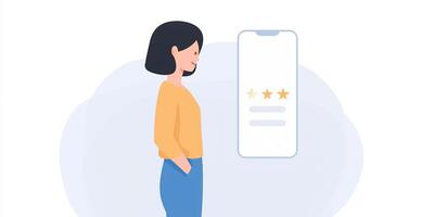 User interacting with smartphone displaying rating stars and feedback, digital engagement concept, modern technology, online review, customer satisfaction, user experience, feedback collection concept photo