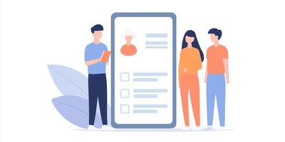 People are standing around a phone with a checklist on it photo
