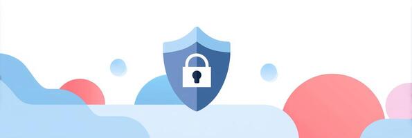 Secure shield with padlock symbol surrounded by abstract colorful shapes representing digital security and protection concept photo