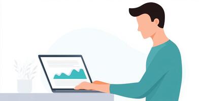 Professional individual analyzing data on laptop, focused on graphs and statistics, modern workspace with plant, digital technology concept photo
