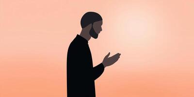Man in silhouette praying with hands raised against a soft orange background, symbolizing spirituality and reflection, meditation and inner peace concept photo