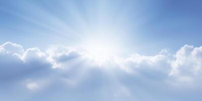 Bright sunlight breaking through fluffy clouds in a clear blue sky, creating a serene and uplifting atmosphere, perfect for conveying hope and tranquility in visual storytelling photo