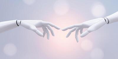 Robotic hands reaching out to each other in a symbolic gesture of connection and interaction on a soft blurred background technology concept photo