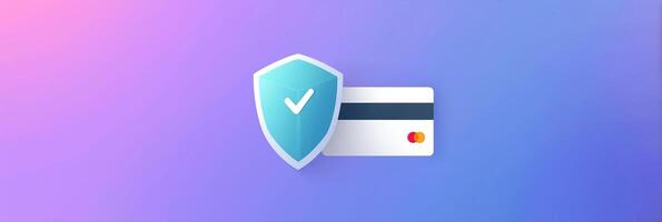Secure payment shield with credit card illustration on a gradient background representing financial safety and security concept photo