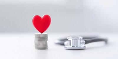 Heart symbol on coins representing financial health and wellness, emphasizing the connection between money and well-being, financial health concept photo