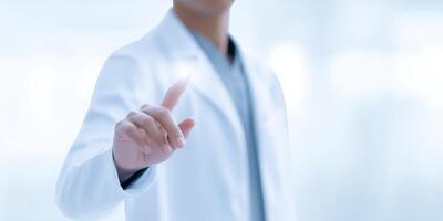 Medical professional in white coat gesturing with hand in modern healthcare environment showcasing technology and innovation in medicine concept photo