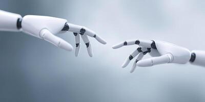 Robotic hands reaching towards each other in a symbolic gesture of connection and innovation in technology and artificial intelligence concept photo