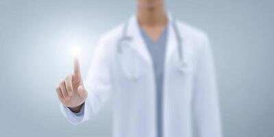 Medical professional interacting with digital interface, healthcare technology concept, doctor using touch screen for patient data management and innovative solutions photo