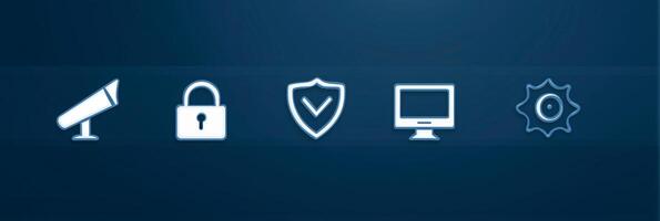Security icons representing surveillance, protection, monitoring, and technology on a blue background, digital security concept photo