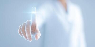 Digital hand gesture indicating interaction with technology, showcasing innovation and modern communication in a futuristic setting, digital interaction concept photo
