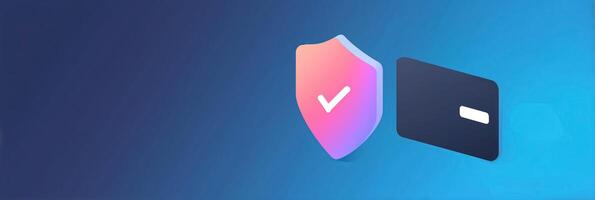 Digital security shield with check mark and credit card on gradient blue background representing online protection and safety concept photo