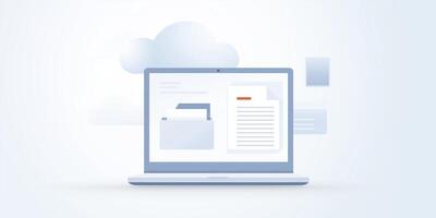 Laptop mock up displaying digital documents and folders with cloud storage concept and soft gradient background for design purposes photo