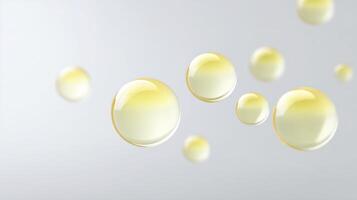 Transparent yellow bubbles floating gracefully against a soft gray background creating a serene and calming atmosphere for design purposes photo