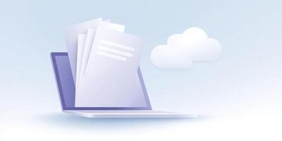 Laptop with documents emerging from screen, representing digital storage and cloud computing, showcasing modern technology and innovation in a minimalist design photo