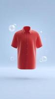 3D illustration of a vibrant red short-sleeve shirt floating against a soft blue background with bubbles creating a fresh and clean atmosphere photo