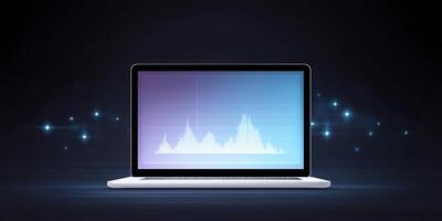 Laptop computer displaying sound wave graph on screen with glowing particles in dark background digital technology concept photo