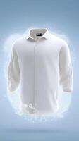 White long-sleeve shirt mock up displayed in a floating position against a soft blue background, showcasing fabric texture and design possibilities for fashion presentations photo